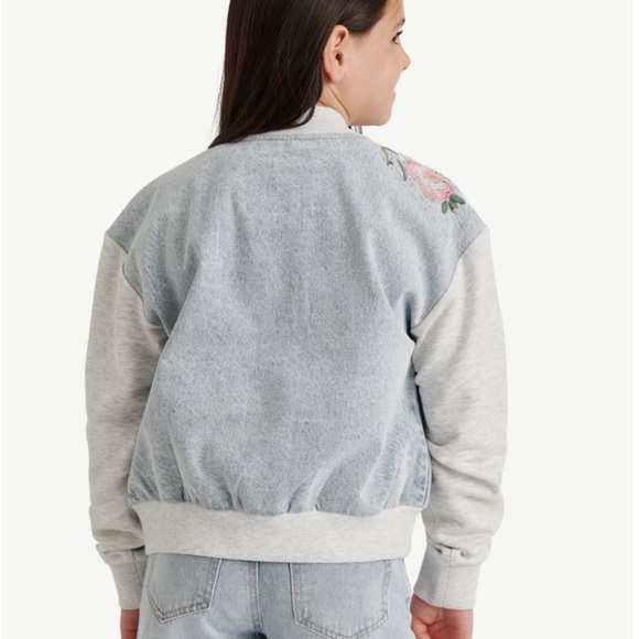 Justice Blue and Gray Bomber Jacket with Floral Design, Embroidery 0079 - Picture 2 of 11